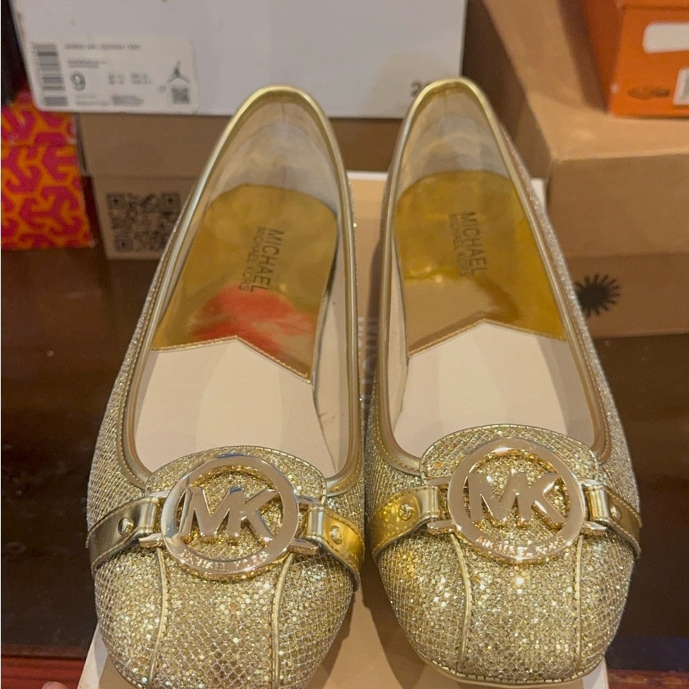 MICHAEL Michael Kors Gold Glitter MK Logo Ballet Flats NEW